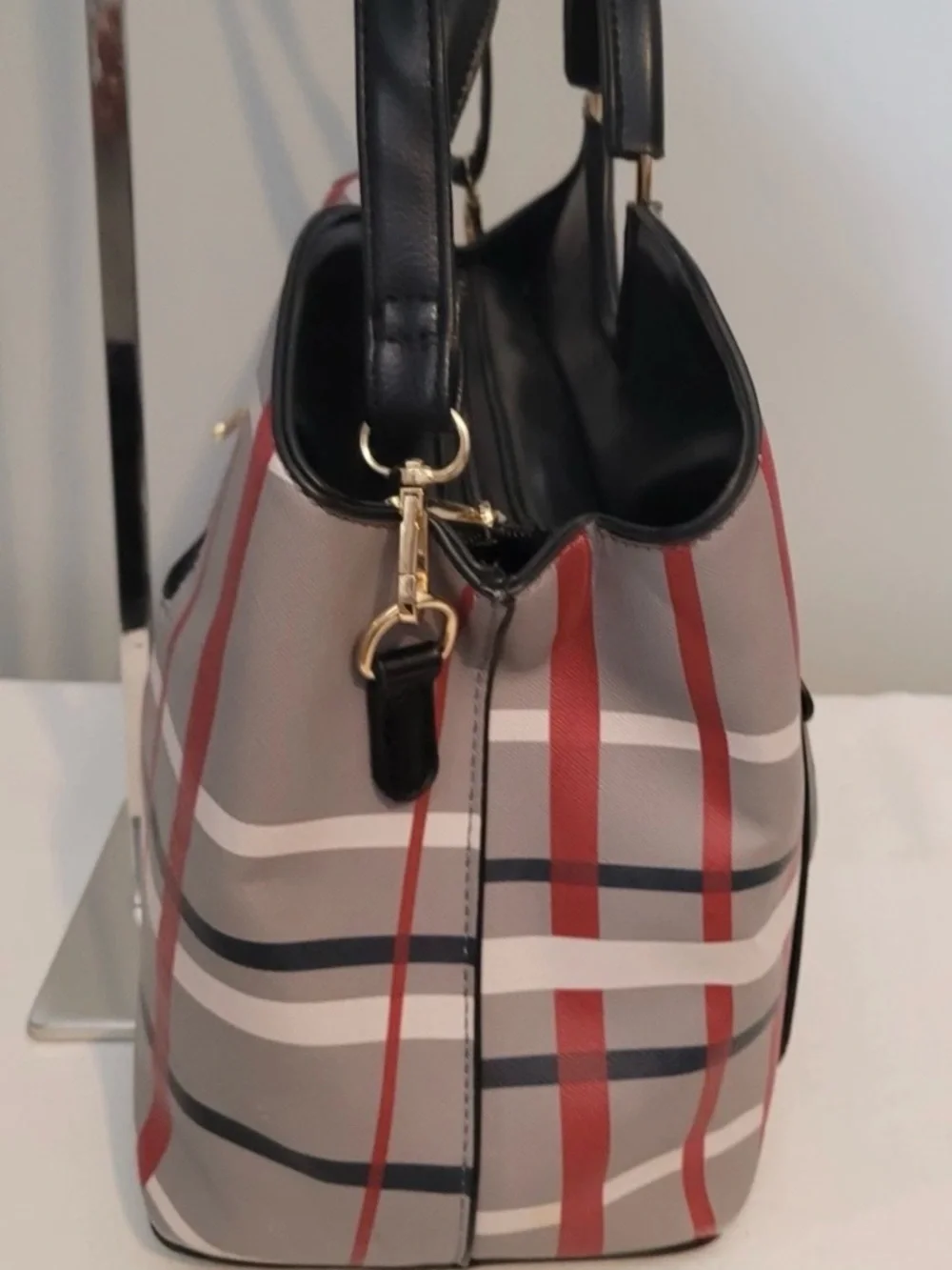 Black & Red Plaid Satchel Crossbody Bag Coated Canvas Faux Leather Trim